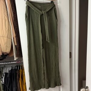 Olive Green Knit Wide-Leg Tie Waist Pants